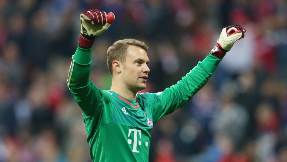 MUNICH, GERMANY - APRIL 16: Manuel Neuer of Bayern Muenchen celebrates victory during the Bundesliga match between FC Bayern Muenchen and FC Schalke 04 at Allianz Arena on April 16, 2016 in Munich, Germany. (Photo by Alexander Hassenstein/Bongarts/Getty Images)