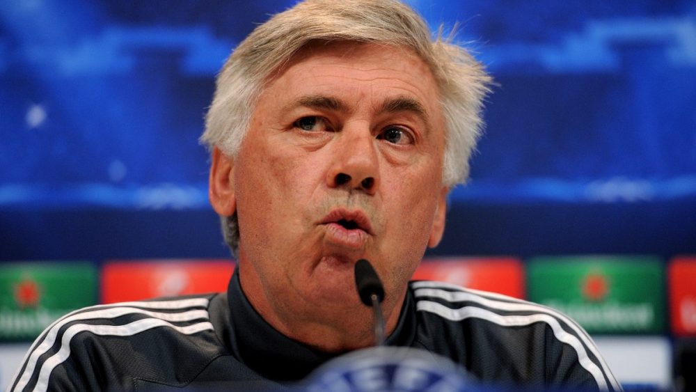 MADRID, SPAIN - MAY 12: Head coach Carlo Ancelotti of Real Madrid during a press conference after the team training session ahead of the UEFA Champions League Semi Final, Second Leg against Juventus at Valdebebas training ground on May 12, 2015 in Madrid, Spain.