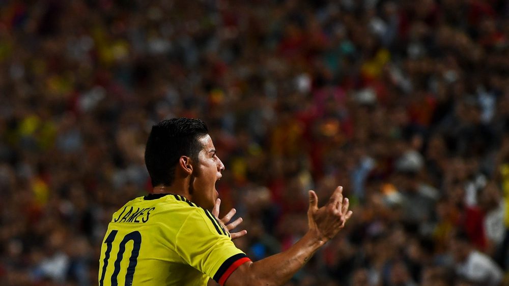 MURCIA, SPAIN - JUNE 07: James Rodriguez reacts during a friendly match between Spain and Colombia at La Nueva Condomina stadium on June 7, 2017 in Murcia, Spain. (Photo by David Ramos/Getty Images)