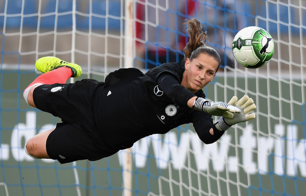 USTI NAD LABEM, CZECH REPUBLIC - SEPTEMBER 19: Laura Benkarth of Germany in action prior the 2019 FIFA Women's World Championship Qualifier match between Czech Republic Women's and Germany Women's at Mestsky stadion on September 19, 2017 in Usti nad Labem, Czech Republic. (Photo by Thomas Eisenhuth/Bongarts/Getty Images)