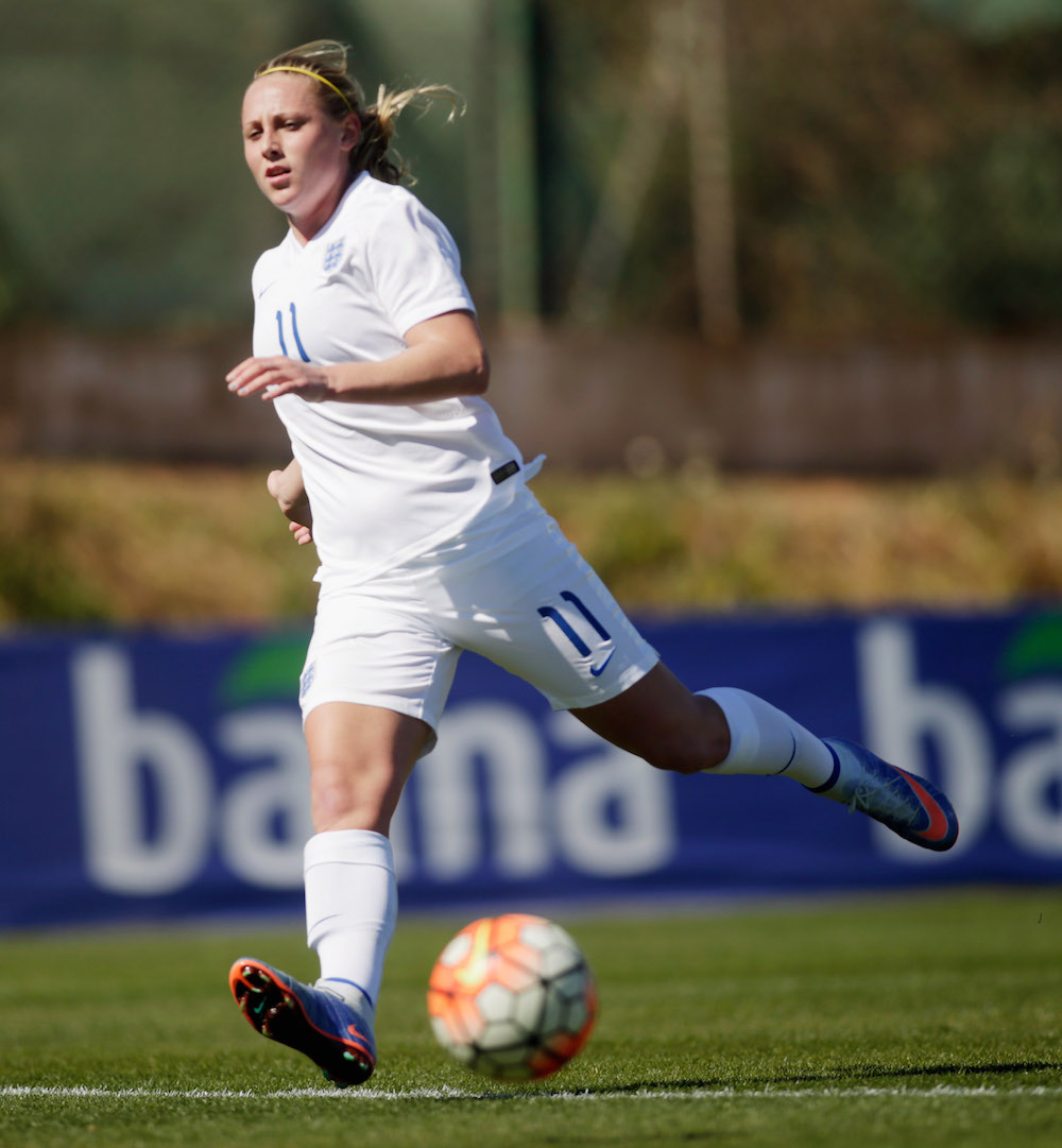 LA MANGA, SPAIN - MARCH 02: Leah Galton of England in action during the women's U23 international friendly match between England and Germany on March 2, 2016 in La Manga, Spain. (Photo by Johannes Simon/Bongarts/Getty Images)