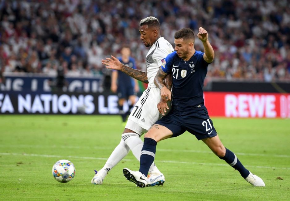 MUNICH, GERMANY - SEPTEMBER 06: Jerome Boateng of Germany is challenged by Lucas Hernandez of France during the UEFA Nations League Group A match between Germany and France at Allianz Arena on September 6, 2018 in Munich, Germany. (Photo by Matthias Hangst/Bongarts/Getty Images)