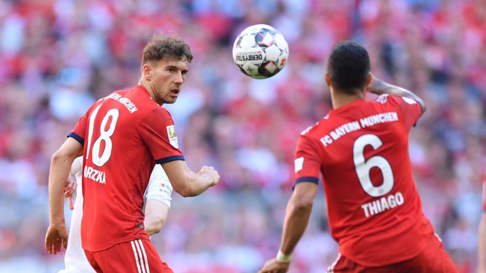 MUNICH, GERMANY - APRIL 20: Leon Goretzka of Bayern Munich plays the ball during the Bundesliga match between FC Bayern Muenchen and SV Werder Bremen at Allianz Arena on April 20, 2019 in Munich, Germany. (Photo by Sebastian Widmann/Bongarts/Getty Images)