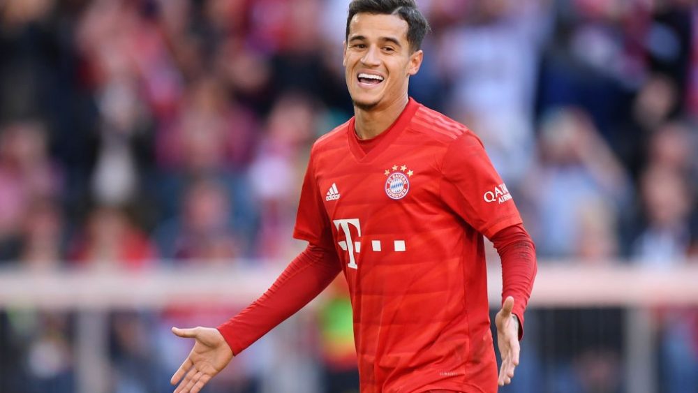 MUNICH, GERMANY - SEPTEMBER 21: Philippe Coutinho of FC Bayern Munich celebrates as he scores his team's third goal from a penalty during the Bundesliga match between FC Bayern Muenchen and 1. FC Koeln at Allianz Arena on September 21, 2019 in Munich, Germany. (Photo by Sebastian Widmann/Bongarts/Getty Images)
