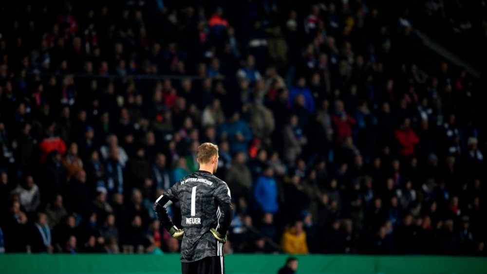 Bayern Munich's German goalkeeper Manuel Neuer reacts during the German Cup (DFB Pokal) second round football match VfL Bochum v FC Bayern Munich in Bochum, western Germany on October 29, 2019. (Photo by INA FASSBENDER / AFP) / DFB REGULATIONS PROHIBIT ANY USE OF PHOTOGRAPHS AS IMAGE SEQUENCES AND QUASI-VIDEO. (Photo by INA FASSBENDER/AFP via Getty Images)