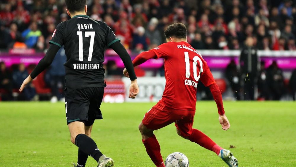 MUNICH, GERMANY - DECEMBER 14: Philippe Coutinho of FC Bayern Muenchen scores his sides sixth goal during the Bundesliga match between FC Bayern Muenchen and SV Werder Bremen at Allianz Arena on December 14, 2019 in Munich, Germany. (Photo by Alexander Hassenstein/Bongarts/Getty Images)