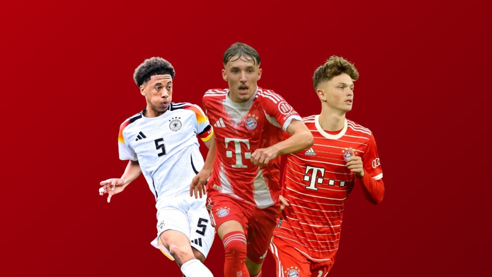 Vor rotem Hintergrund: Links Cassiano Kiala im DFB-Trikot, in der Mitte Lennart Karl im Bayern-Trikot der diesjährigen Saison und rechts Paul Wanner in einem älteren Trikot des FC Bayern.