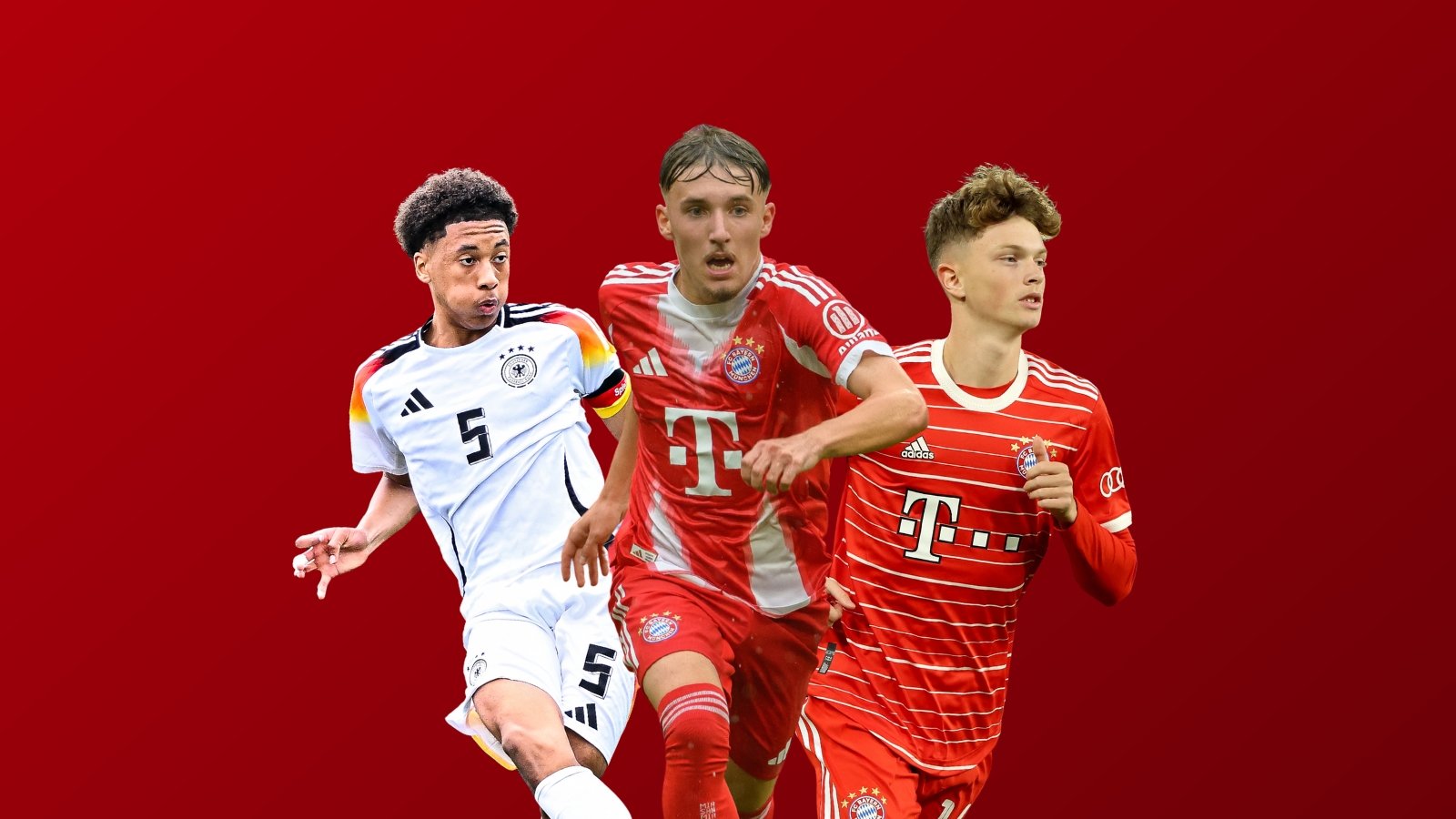 Vor rotem Hintergrund: Links Cassiano Kiala im DFB-Trikot, in der Mitte Lennart Karl im Bayern-Trikot der diesjährigen Saison und rechts Paul Wanner in einem älteren Trikot des FC Bayern.