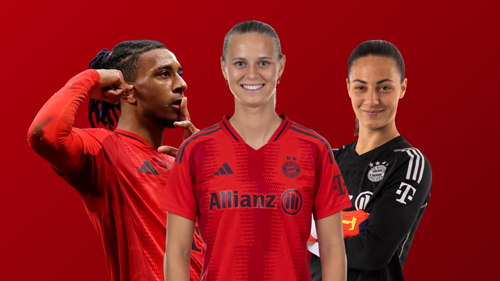 Michael Olise in Jubelpose, Klara Bühl und Mala Grohs in Trikots des FC Bayern vor rotem Hintergrund.