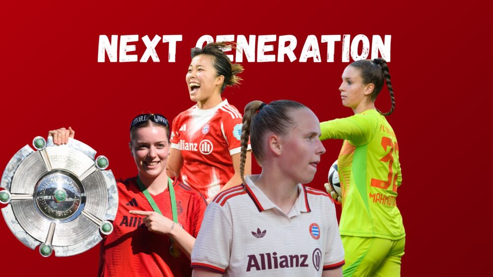 Alara Sehitler mit Meisterschale, eine jubelnde Momoko Tanikawa, Franziska Kett und Ena Mahmutovic vor rotem Hintergrund und dem Schriftzug "Next Generation" in Bezug auf die Zukunft der FC Bayern Frauen
