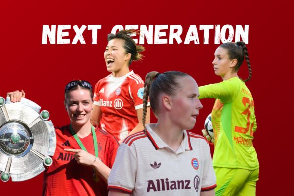 Alara Sehitler mit Meisterschale, eine jubelnde Momoko Tanikawa, Franziska Kett und Ena Mahmutovic vor rotem Hintergrund und dem Schriftzug "Next Generation" in Bezug auf die Zukunft der FC Bayern Frauen