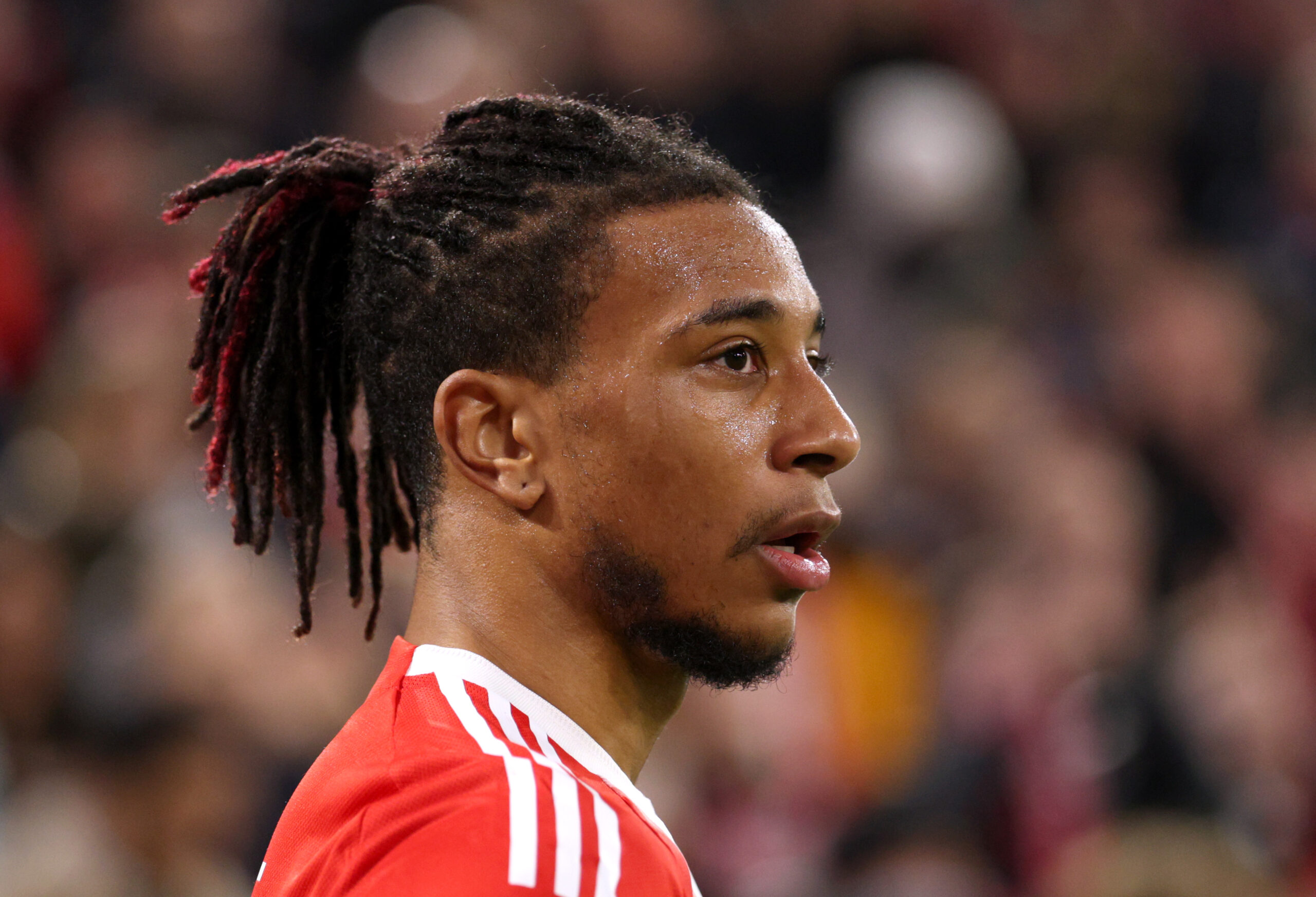 Michael Olise im roten Heimtrikot des FC Bayern.