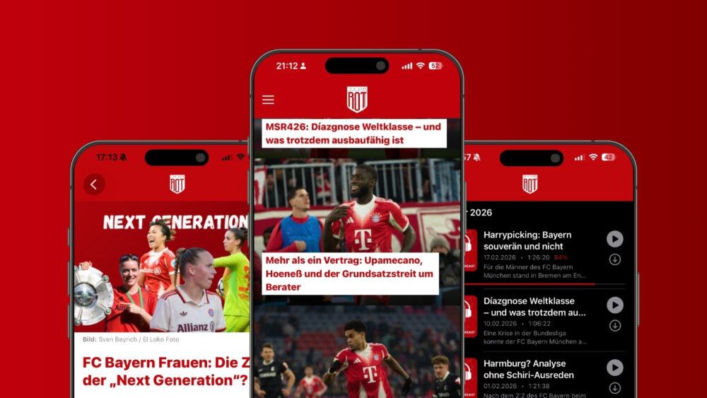 Drei iPhone-Mockups mit Screenshots aus der Miasanrot-App zum FC Bayern.