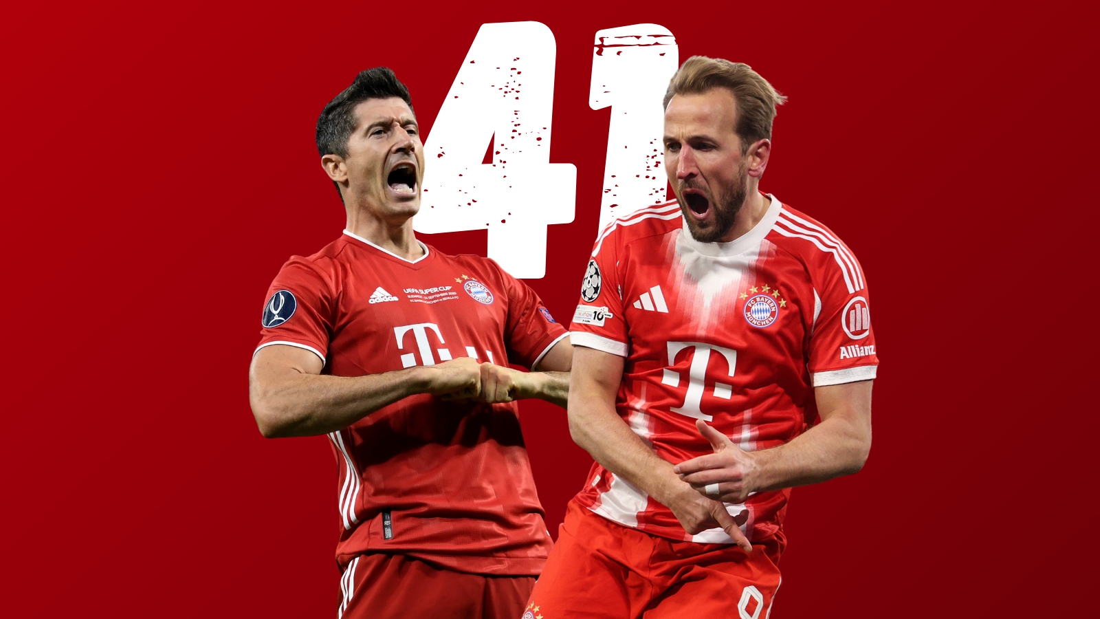 Robert Lewandowski (links) und Harry Kane (rechts) jubeln vor einem roten Hintergrund, auf dem die Zahl 41 steht. Beide im Trikot des FC Bayern.