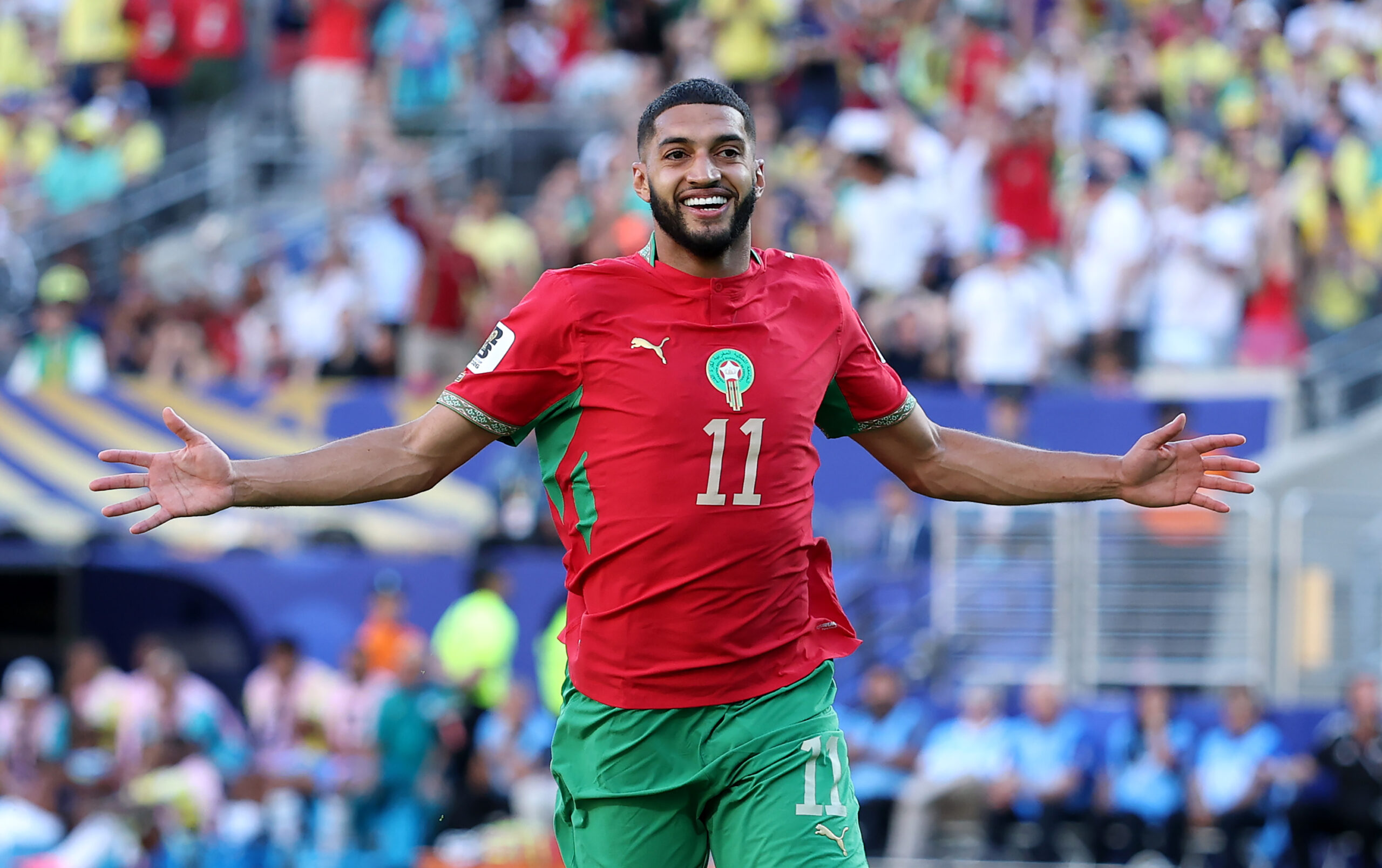 Ismael Saibari wird mit dem FC Bayern in Verbindung gebracht. Hier jubelt er bei der WM 2026 für Marokko gegen Brasilien.
