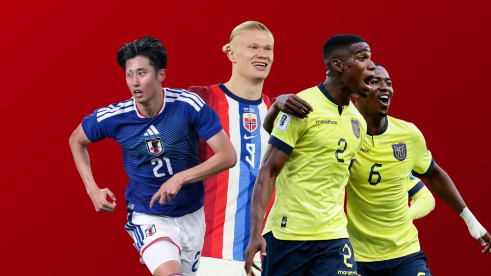 Hiroki Ito (Japan), Erling Haaland (Norwegen) und zwei Spieler von Ecuador vor rotem Hintergrund. Stellvertretend für die Geheimfavoriten bei der WM 2026.