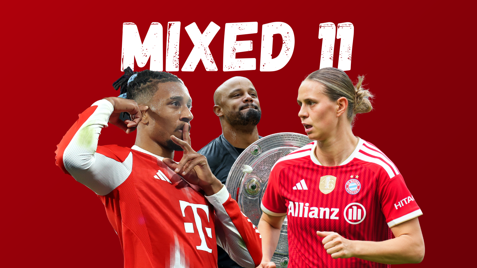 Vor rotem Hintergrund mit der Aufschrift "Mixed 11" sind Michael Olise, Vincent Kompany und Klara Bühl vom FC Bayern zu sehen.