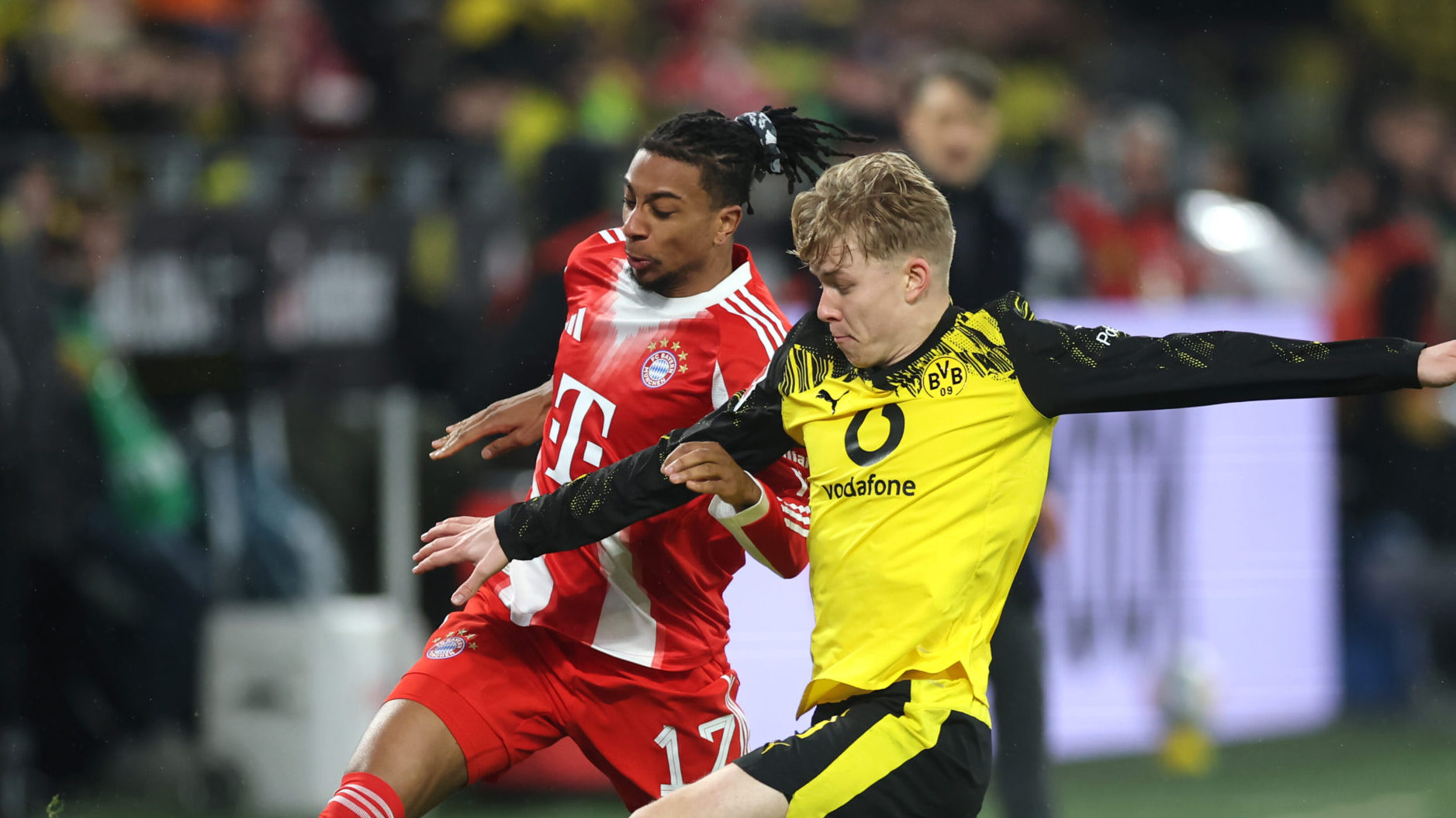 Michael Olise (FC Bayern) und Daniel Svensson (BVB) im Zweikampf.